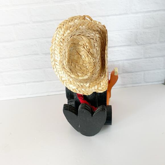 Primitive Black Crow Wood Shelf Sitter Figurine in Straw Hat Fall Pipe Folk Art - Picture 5 of 7